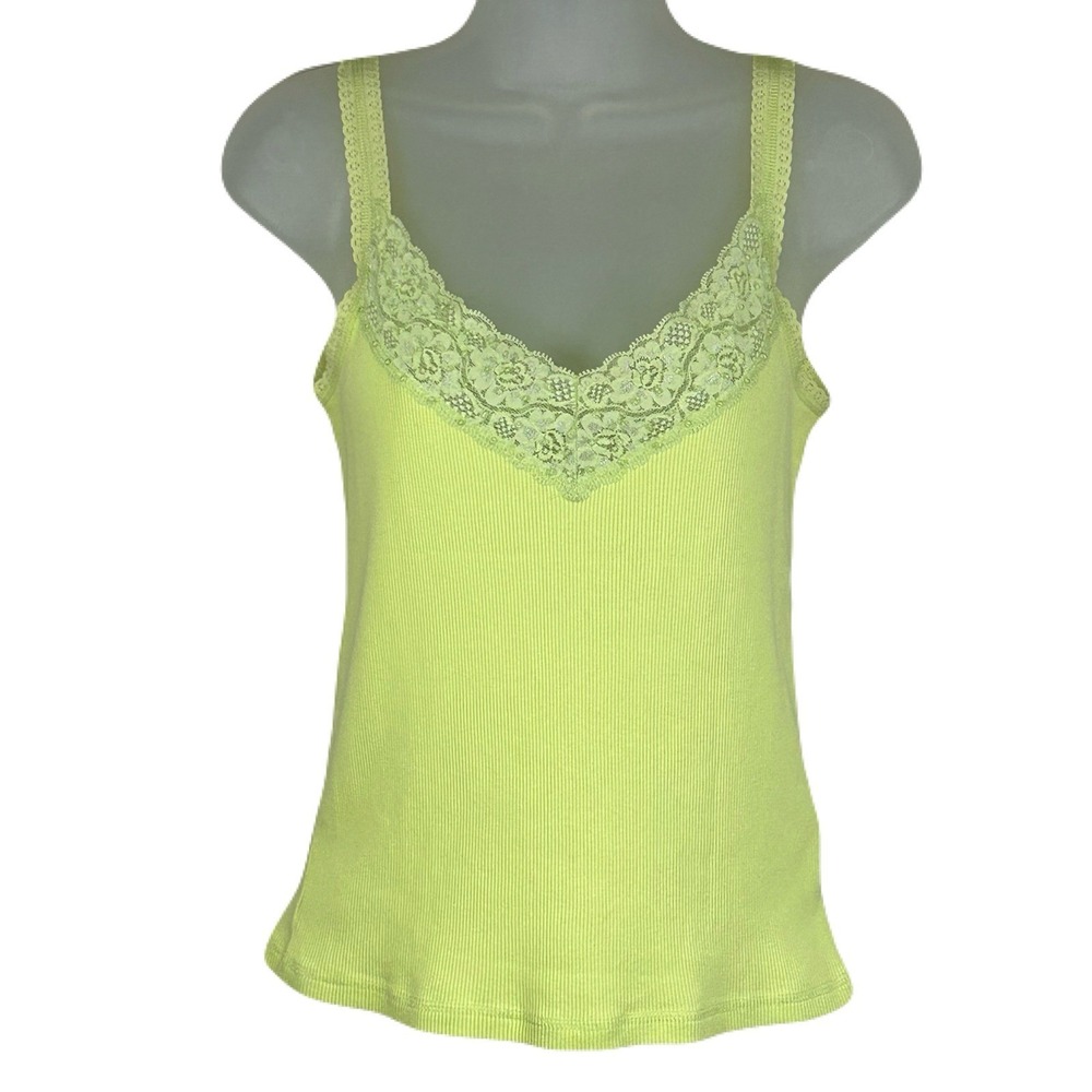 Sigrid Olsen Y2k Cropped Tank Top Cami M Lace Beads Ribbed Cotton Lime‎ Green